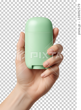 Woman's hand holding pastel green antiperspirant deodorant container, hygiene and personal care product, isolated on transparent background, natural cosmetic Woman's hand holding pastel green antiperspirant deodorant container, hygiene and personal care product, isolated on transparent background, natural cosmetic 128092579