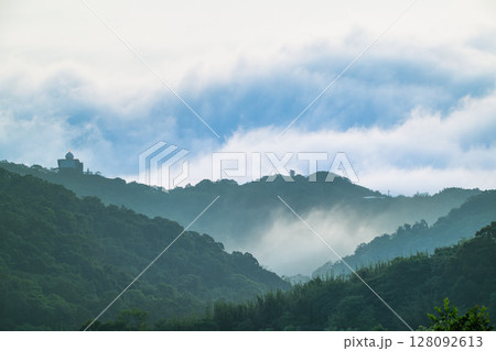Morning Mist Over Shulin Mountains with Radar Station Taiwan. 128092613