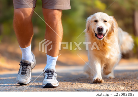 A man and his dog are walking on a dirt road A man and his dog are walking on a dirt road 128092888