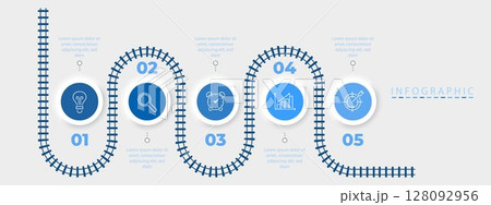 Five step infographic with road path and timeline map for process diagram with icon. Includes line element for business flow and creative milestone vector design with modern layout or pointer. Five step infographic with road path and timeline map for process diagram with icon. Includes line element for business flow and creative milestone vector design with modern layout or pointer. 128092956