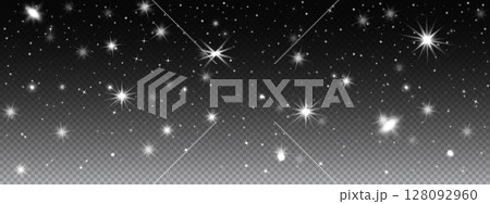Shiny stars and sparkle light on a dark background with glow, glitter, and flare. Vector effect with transparent sky dust or abstract festive burst. 128092960