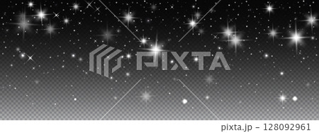 Star light with shine and glitter on black background for night sky effect or sparkle. Transparent vector with spark, flare, and magic glow for space design. 128092961
