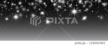 Night sky with star sparkle, flare, and glowing particles for abstract or space design. Transparent effect with twinkle, shine, and glitter for vector use. 128092962