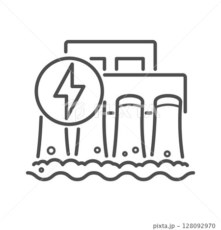 Hydroelectric dam icon for water power and hydro energy. This station with a reservoir generates electricity by flow and through turbines. Vector. 128092970