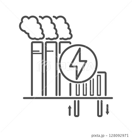 Power plant icon for clean energy and generator functions. An electric station with geothermal or earth elements uses turbines to provide renewable power. Power plant icon for clean energy and generator functions. An electric station with geothermal or earth elements uses turbines to provide renewable power. 128092971