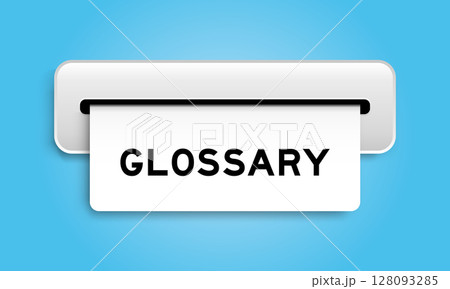 White coupon banner with word glossary from machine on blue color background White coupon banner with word glossary from machine on blue color background 128093285