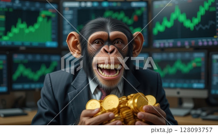 Jubilant Monkey Investor Holding Gold Coins with Bull Market 128093757