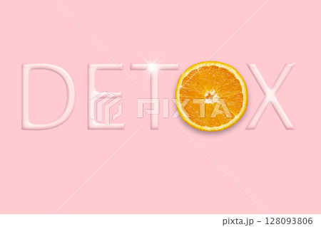 Body detoxification and healthy eating concept. Yellow natural orange in the word DETOX from letters on a pink background. Body detoxification and healthy eating concept. Yellow natural orange in the word DETOX from letters on a pink background. 128093806