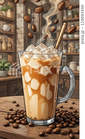 Iced Caramel Latte Delight in a Bustling Coffee Shop 128093840