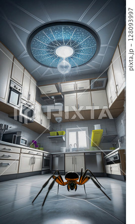 Spider on the floor of the kitchen interior. A modern U-shaped kitchen with an original design. In the foreground, in the center, a large spider is on the tiles. 128093997