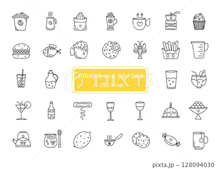 Drinks and snacks, 32 line vector icons 128094030
