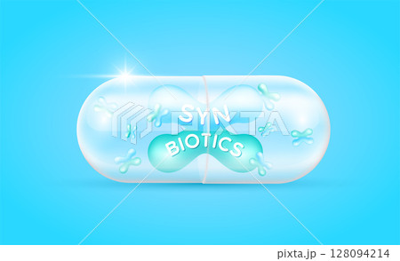 Synbiotic blue green in translucent capsule. Good bacterial flora for stomach and intestine. Biology lactobacillus. Health care immunity support. Healthy nutrition. Vector. Synbiotic blue green in translucent capsule. Good bacterial flora for stomach and intestine. Biology lactobacillus. Health care immunity support. Healthy nutrition. Vector. 128094214