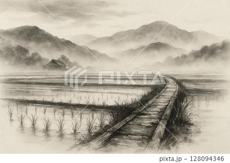 墨絵風の田園とあぜ道、山並みの遠景 墨絵風の田園とあぜ道、山並みの遠景 128094346