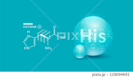 Histidine amino acid blue and chemical formula structural. Biomolecules that combine to form proteins nutrients necessary for health muscle. For dietary supplements ads. Medical scientific. Vector. 128094691
