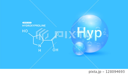 Hydroxyproline amino acid blue and chemical formula structural. Biomolecules that combine to form proteins nutrients necessary for health muscle. For dietary supplements ads. Vector. 128094693