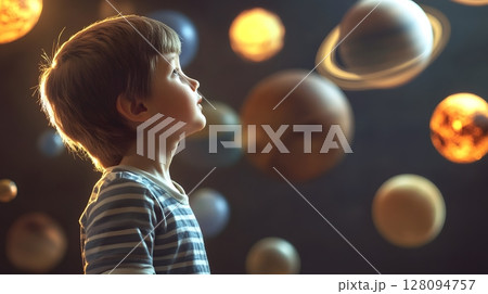 online science class in 3d style with floating planets and child watching 128094757