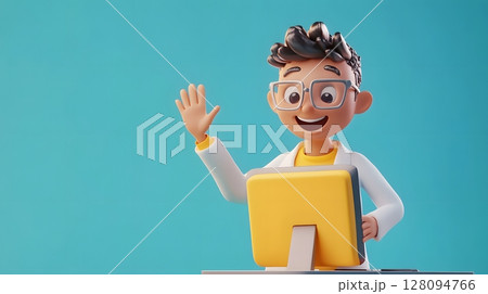 3d render student waving at screen ending online class session 3d render student waving at screen ending online class session 128094766