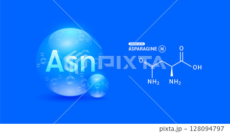 Asparagine amino acid blue and chemical formula structural. Biomolecules that combine to form proteins nutrients necessary for health muscle. For dietary supplements ads. Medical scientific. Vector. Asparagine amino acid blue and chemical formula structural. Biomolecules that combine to form proteins nutrients necessary for health muscle. For dietary supplements ads. Medical scientific. Vector. 128094797