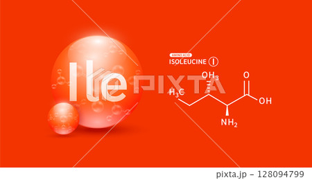 Isoleucine amino red and chemical formula structural. Biomolecules that combine to form proteins nutrients necessary for health muscle. For dietary supplements ads. Medical scientific. Vector. 128094799