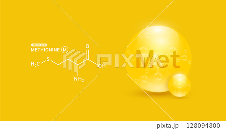 Methionine amino yellow and chemical formula structural. Biomolecules that combine to form proteins nutrients necessary for health muscle. For dietary supplements ads. Medical scientific. Vector. 128094800
