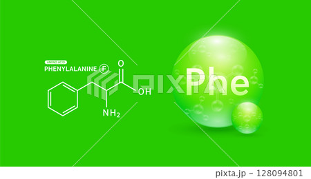 Phenylalanine amino green and chemical formula structural. Biomolecules that combine to form proteins nutrients necessary for health muscle. For dietary supplements ads. Medical scientific. Vector. 128094801