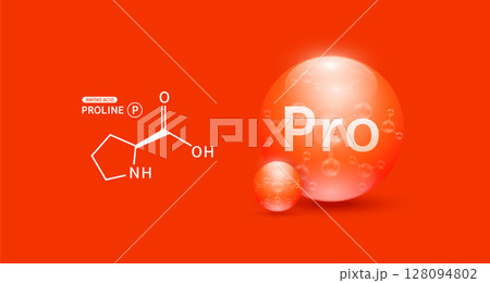 Proline amino red and chemical formula structural. Biomolecules that combine to form proteins nutrients necessary for health muscle. For dietary supplements ads. Medical scientific. Vector. Proline amino red and chemical formula structural. Biomolecules that combine to form proteins nutrients necessary for health muscle. For dietary supplements ads. Medical scientific. Vector. 128094802