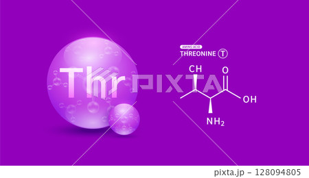 Threonine amino purple and chemical formula structural. Biomolecules that combine to form proteins nutrients necessary for health muscle. For dietary supplements ads. Medical scientific. Vector. 128094805