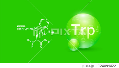 Tryptophan amino green and chemical formula structural. Biomolecules that combine to form proteins nutrients necessary for health muscle. For dietary supplements ads. Medical scientific. Vector. Tryptophan amino green and chemical formula structural. Biomolecules that combine to form proteins nutrients necessary for health muscle. For dietary supplements ads. Medical scientific. Vector. 128094822