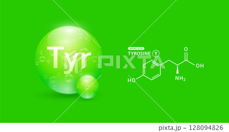 Tyrosine amino green and chemical formula structural. Biomolecules that combine to form proteins nutrients necessary for health muscle. For dietary supplements ads. Medical scientific. Vector. 128094826