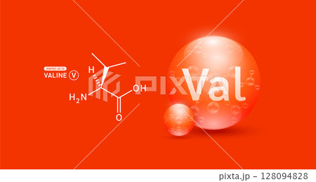 Valine amino red and chemical formula structural. Biomolecules that combine to form proteins nutrients necessary for health muscle. For dietary supplements ads. Medical scientific. Vector. 128094828