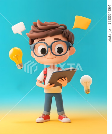 school from home 3D student character with tablet icons like lightbulb and notebook around 128094864