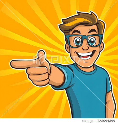 hand drawn pointing character asking to join us bright background 128094899