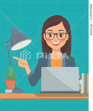 flat cartoon smiling person pointing friendly office campaign 128094900