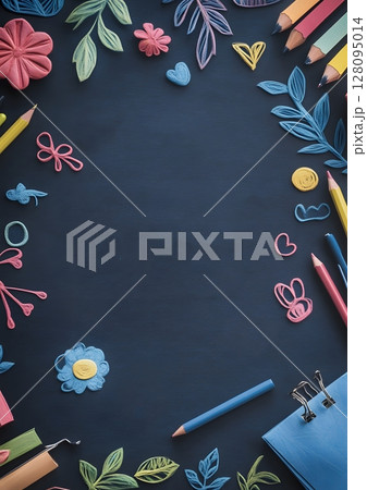 colorful chalkboard with welcome back message and doodles paper cut scene 128095014
