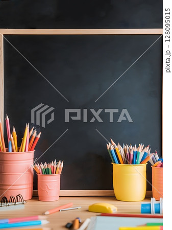 colorful chalkboard with welcome back message and doodles paper cut scene 128095015