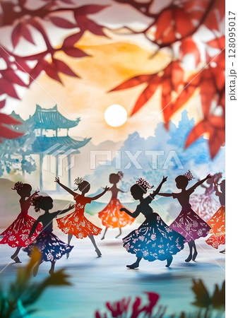 children dancing during school performance event paper cut stage scene 128095017