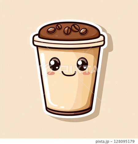 A cute, smiling cartoon coffee cup filled with coffee beans, set against a striped brown background. 128095179