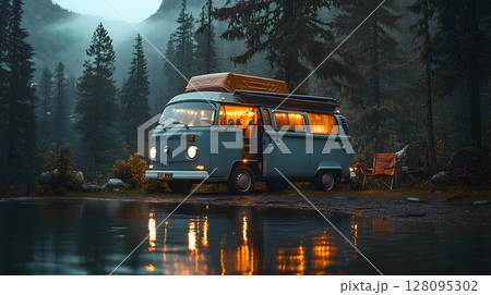 camper van parked in forest with lights on, cozy vanlife, 128095302