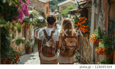couple exploring historic European town, sunny afternoon, 128095304