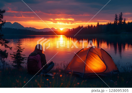 sunset over lake with person journaling by tent, 128095305