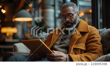 man working on tablet at airport lounge, 128095306