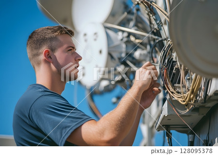 telecommunications technician working on a cellular antenna 128095378
