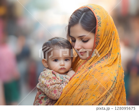 mother holding baby with busy population background 128095675