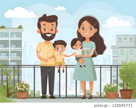 family living in high rise apartment symbolizing urban life 128095771