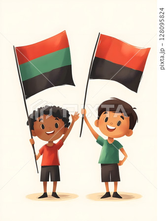 3d illustration of kids waving red black and green flags, joyful juneteenth celebration, cartoon style 128095824