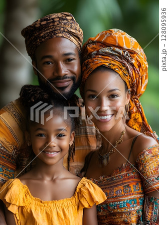 group portrait of multi generation family dressed for juneteenth, proud and happy 128095936