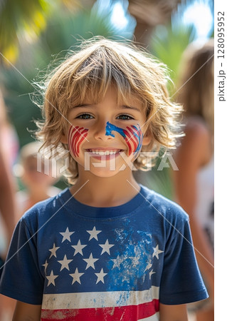 smiling child with face painted in american flag colors, outdoors background 128095952