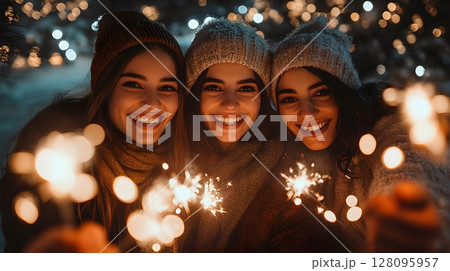 group of friends holding sparklers at night, smiling and celebrating, soft bokeh 128095957