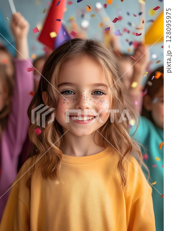 3d rendering of smiling kids waving flags with confetti falling around 128095975
