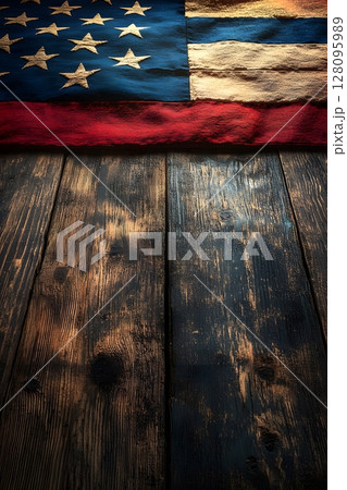 american flag folded in triangle on wooden table with warm sunlight american flag folded in triangle on wooden table with warm sunlight 128095989